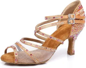 JUODVMP Ballroom Dance Shoes Women Latin Dance Shoes with Rhinestone