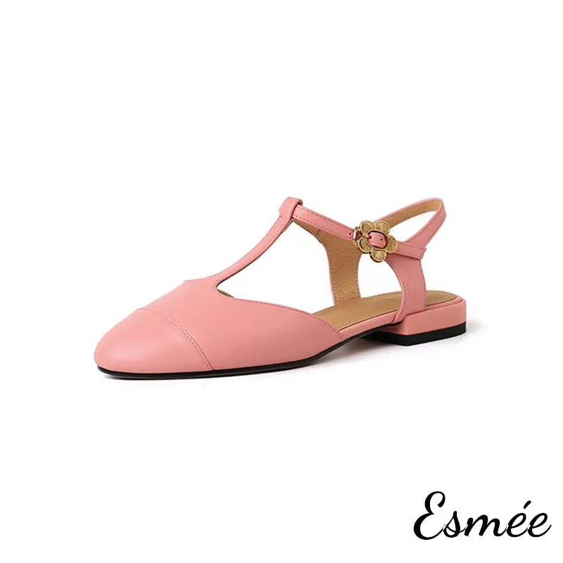 Leather T-Straps Sandals with Flower Buckle