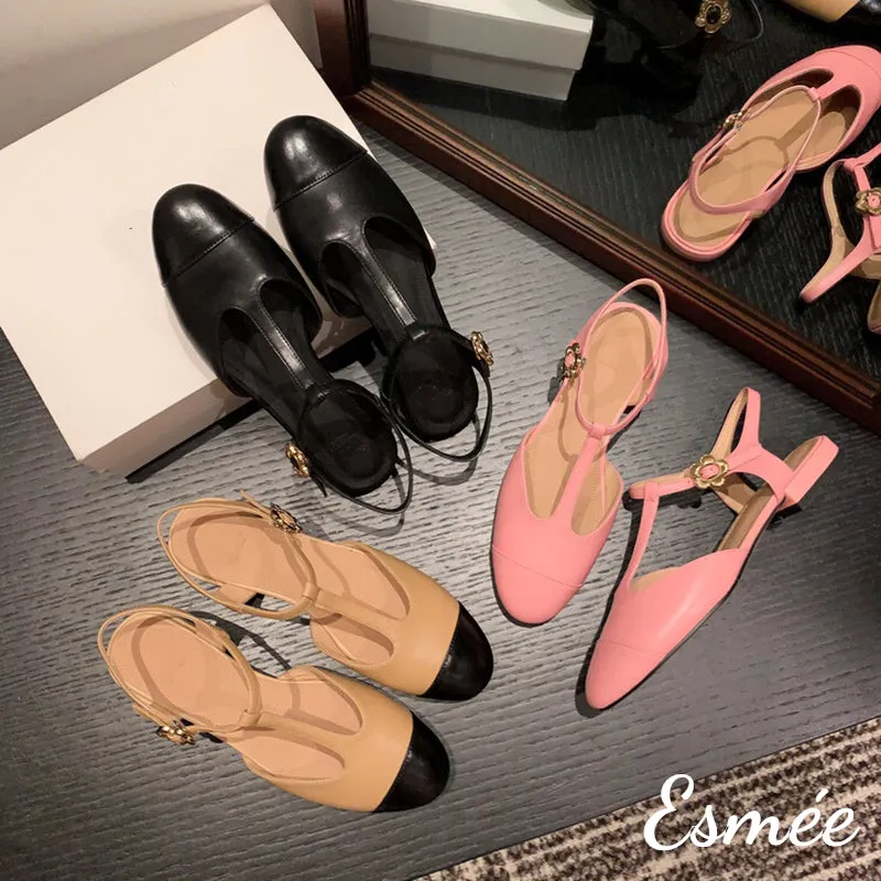 Leather T-Straps Sandals with Flower Buckle