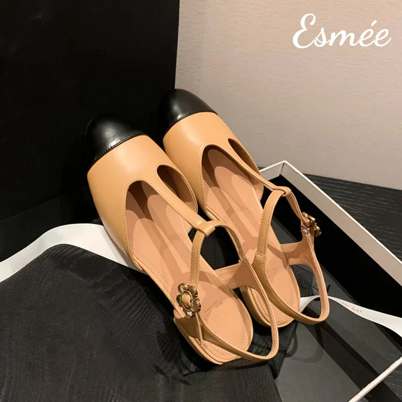 Leather T-Straps Sandals with Flower Buckle