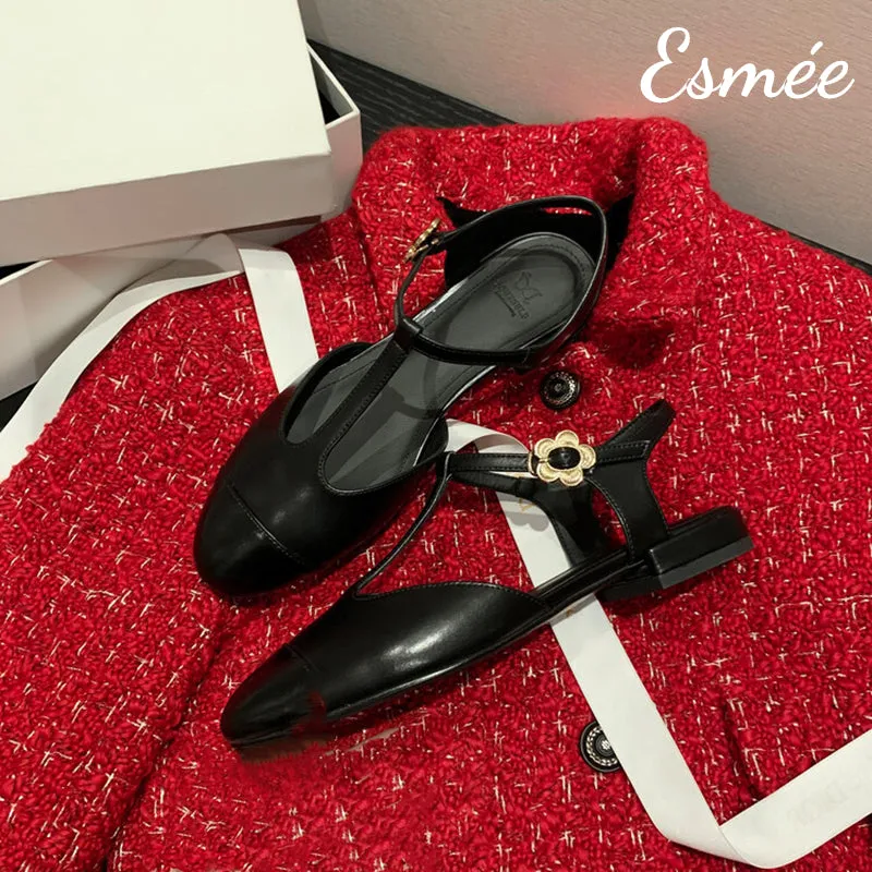 Leather T-Straps Sandals with Flower Buckle