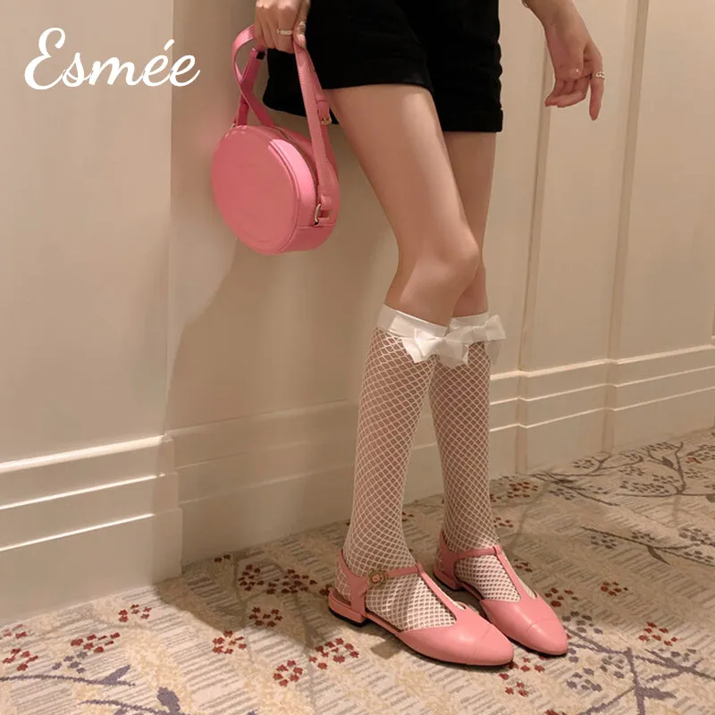 Leather T-Straps Sandals with Flower Buckle