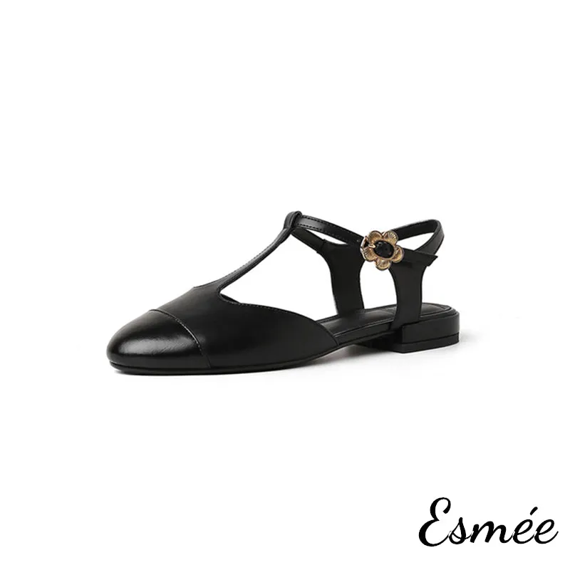 Leather T-Straps Sandals with Flower Buckle