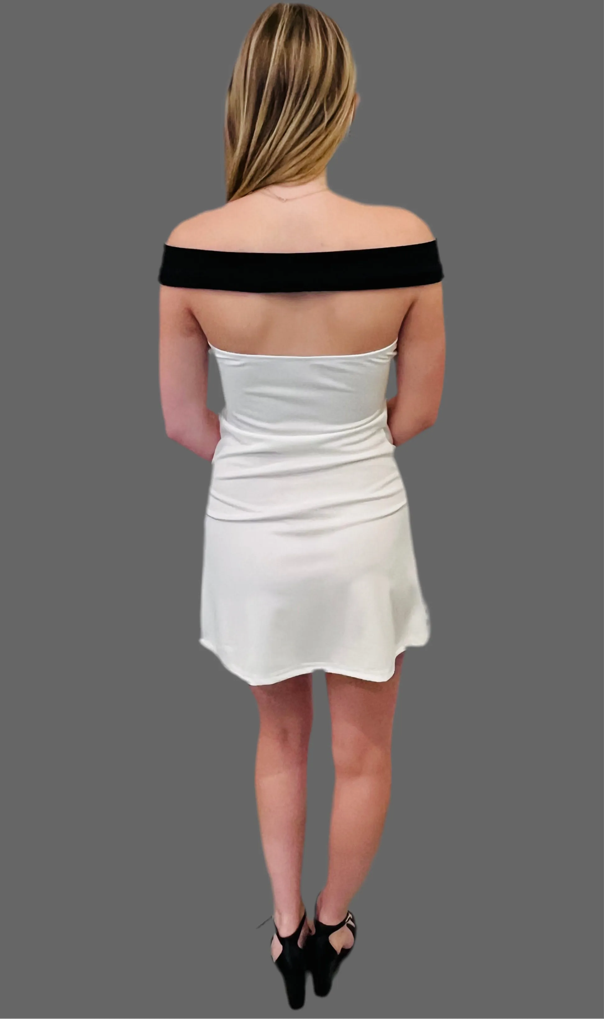Madison Bow bodycon off shoulder mini dress-white/black