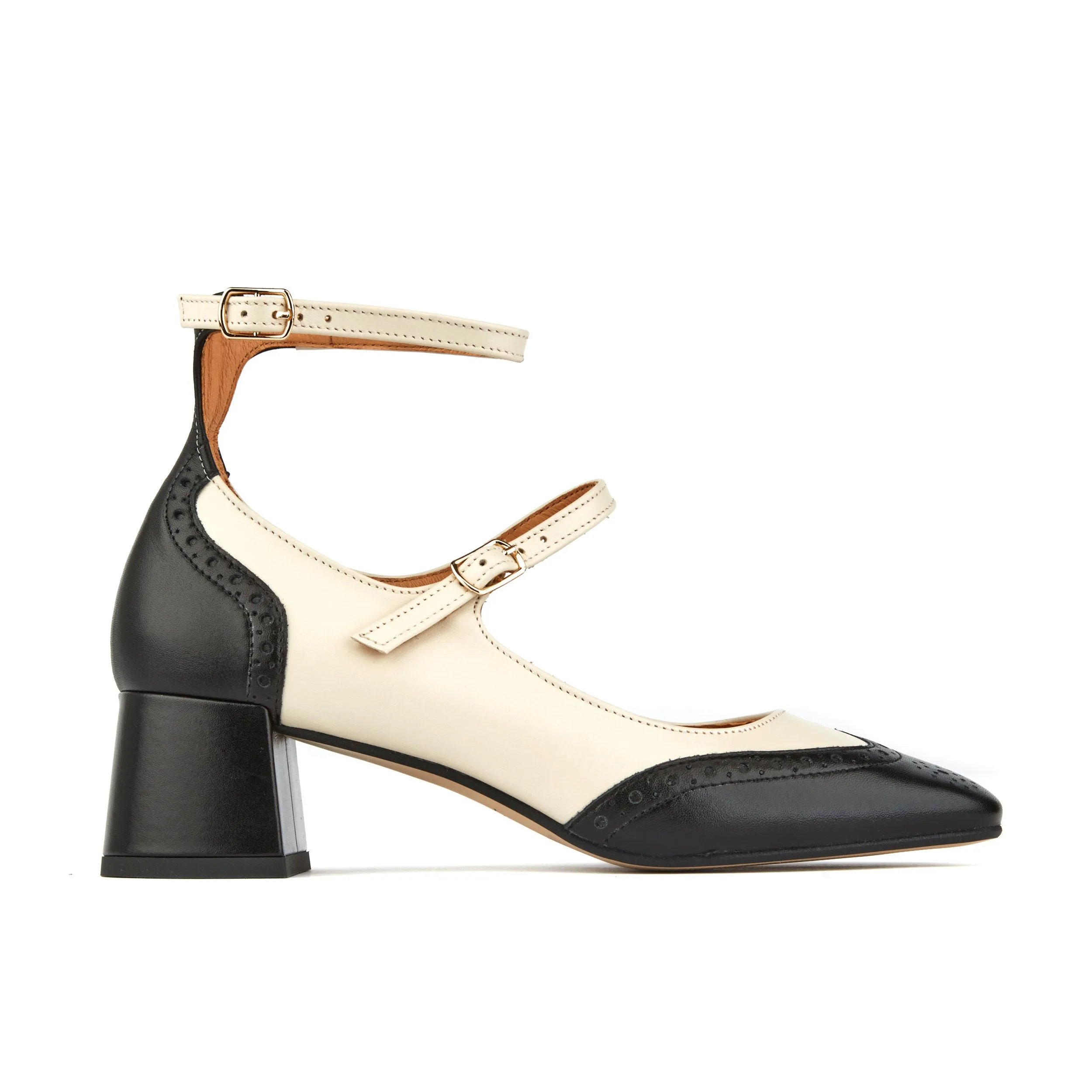 Mary Jane - Cream - Women's block heel square toe heel in cream & black leather