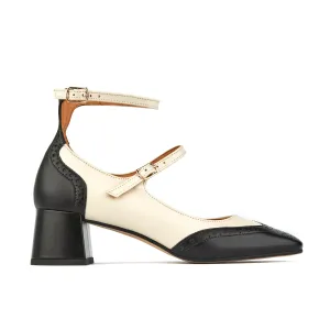 Mary Jane - Cream - Women's block heel square toe heel in cream & black leather