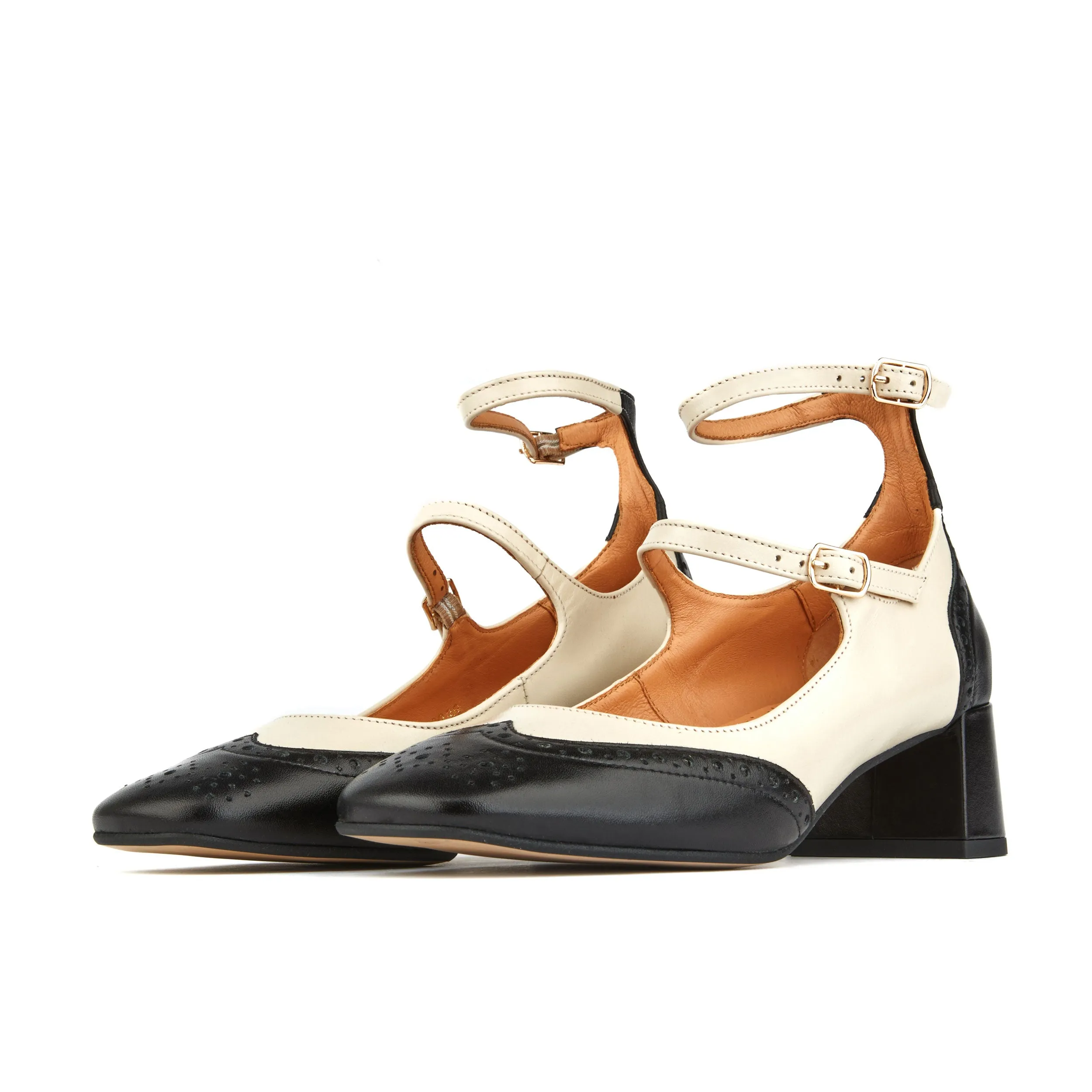 Mary Jane - Cream - Women's block heel square toe heel in cream & black leather