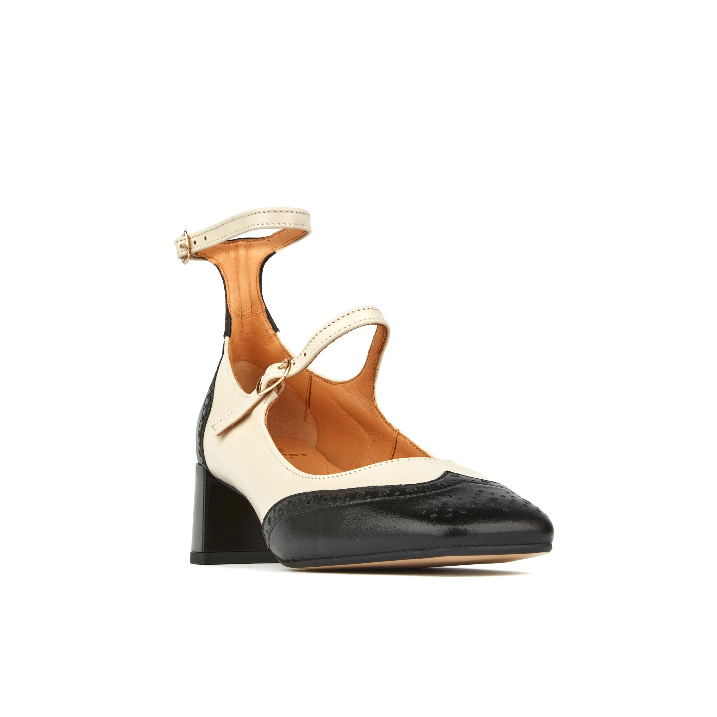 Mary Jane - Cream - Women's block heel square toe heel in cream & black leather