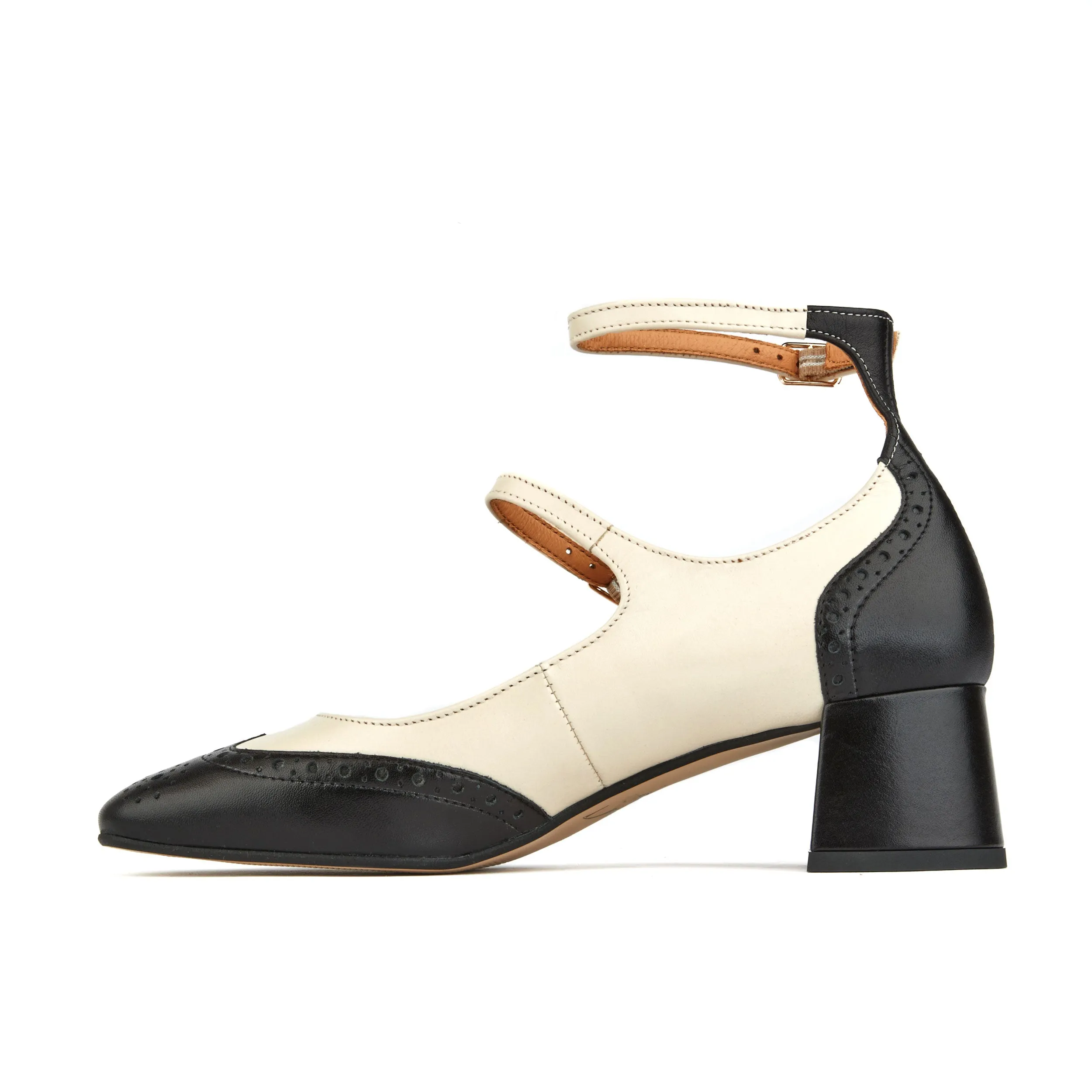 Mary Jane - Cream - Women's block heel square toe heel in cream & black leather