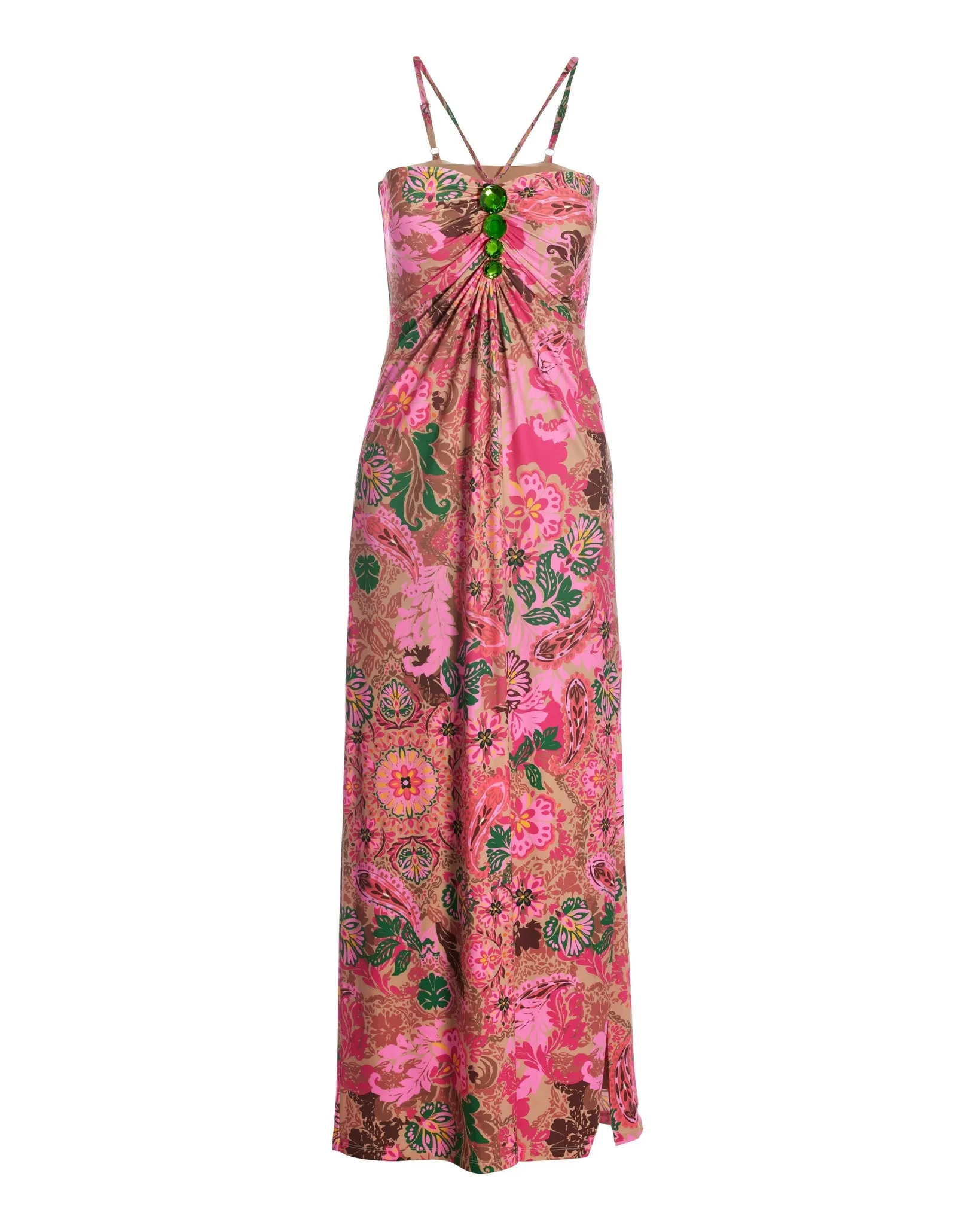 Medallion Dreams Print Gem Detailed Halter Maxi Dress Pink