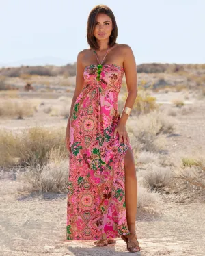Medallion Dreams Print Gem Detailed Halter Maxi Dress Pink