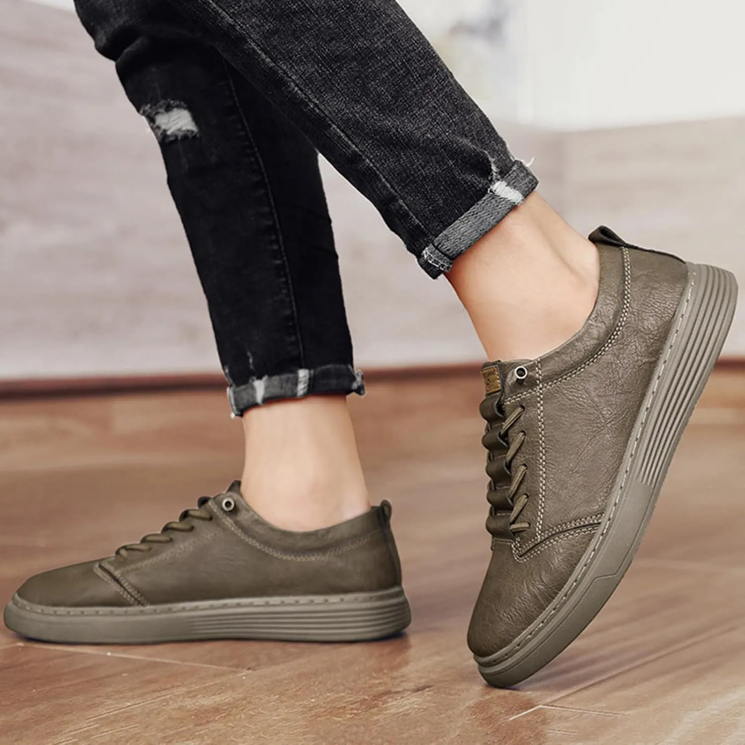 Men's Leather Fashion Sneakers Low Top Lace Up Round-Toe Waterproof Casual Sneake Retro Comfortable Business Oxford Dress Shoes