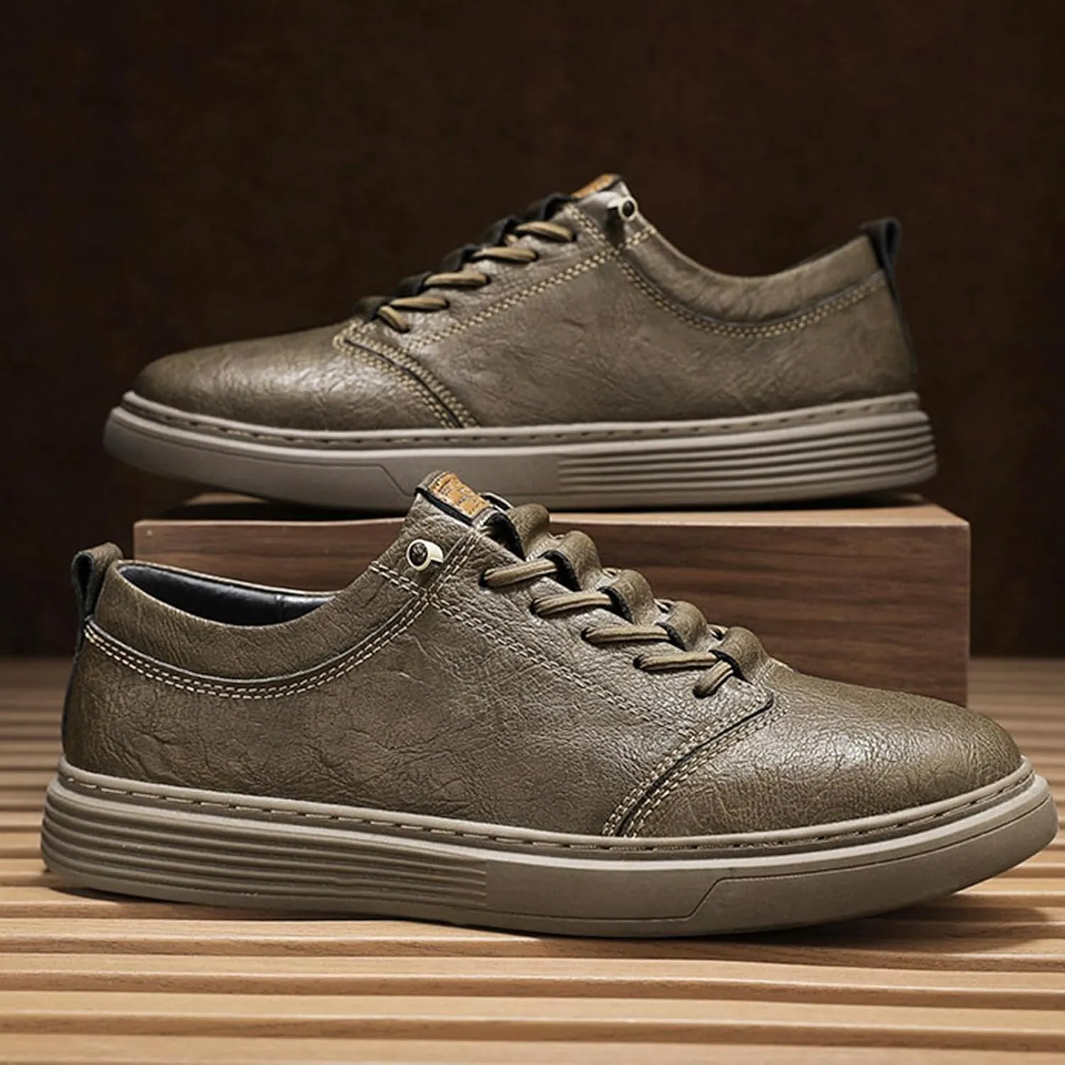 Men's Leather Fashion Sneakers Low Top Lace Up Round-Toe Waterproof Casual Sneake Retro Comfortable Business Oxford Dress Shoes