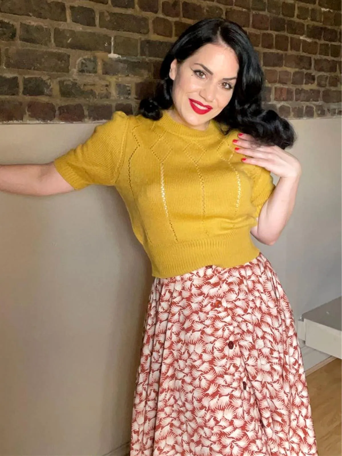 Mustard Yellow Vintage Style Cropped Diamond Knit Top