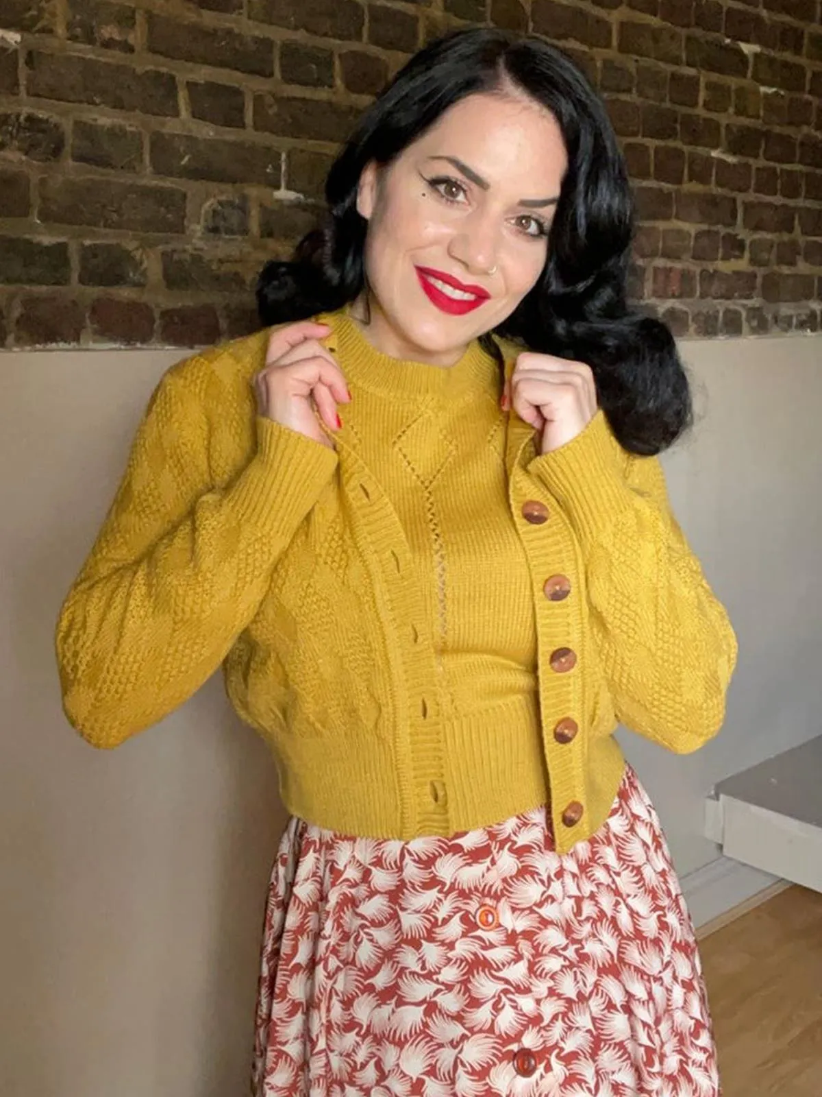 Mustard Yellow Vintage Style Cropped Diamond Knit Top