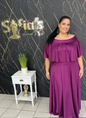 Plus magenta off shoulder maxi dress By: Claudia Orozco