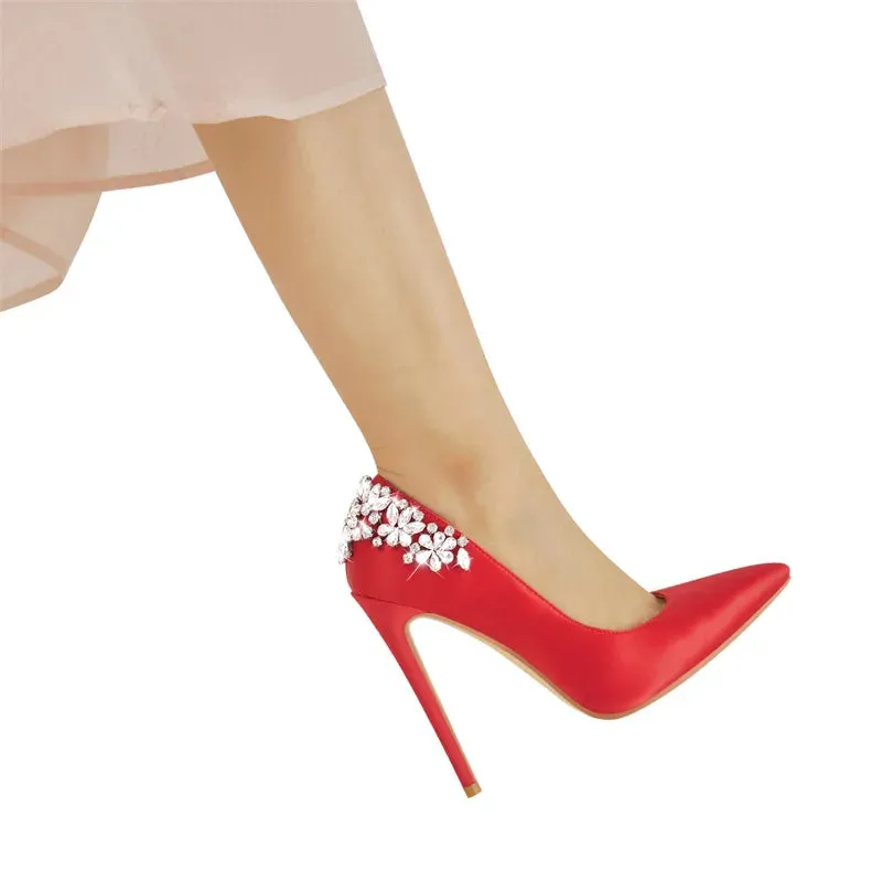 Pointed Toe Bride Diamond Patchwork Pumps Thin High Heels Shoes