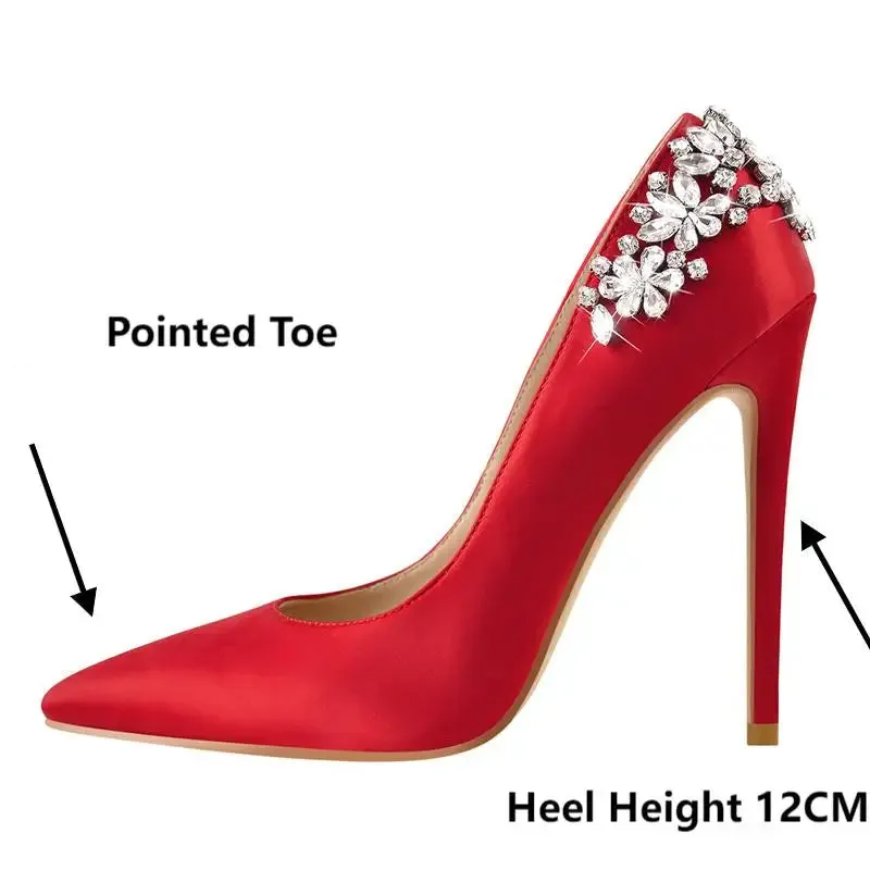 Pointed Toe Bride Diamond Patchwork Pumps Thin High Heels Shoes
