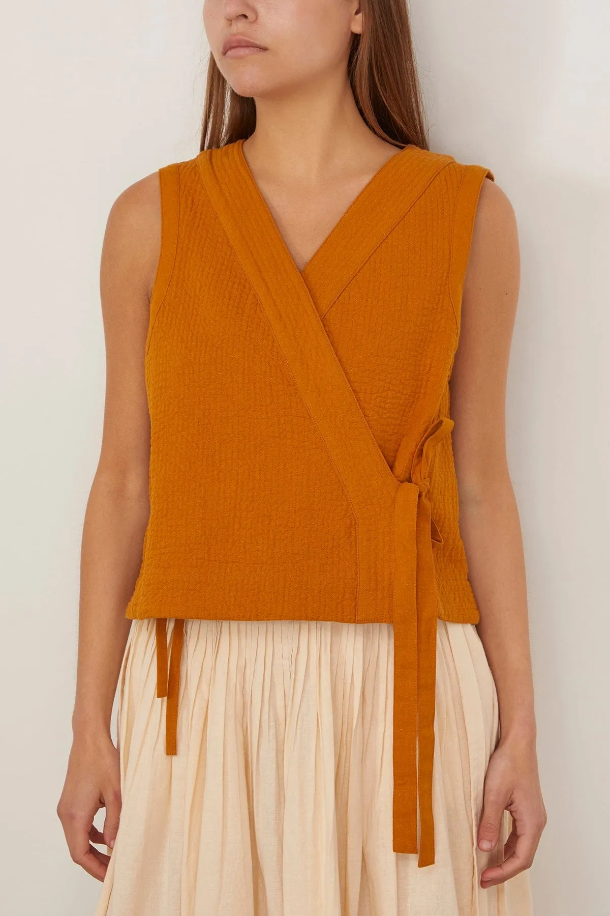 Quilted Cotton Linen Wrap Vest in Tilia Honey