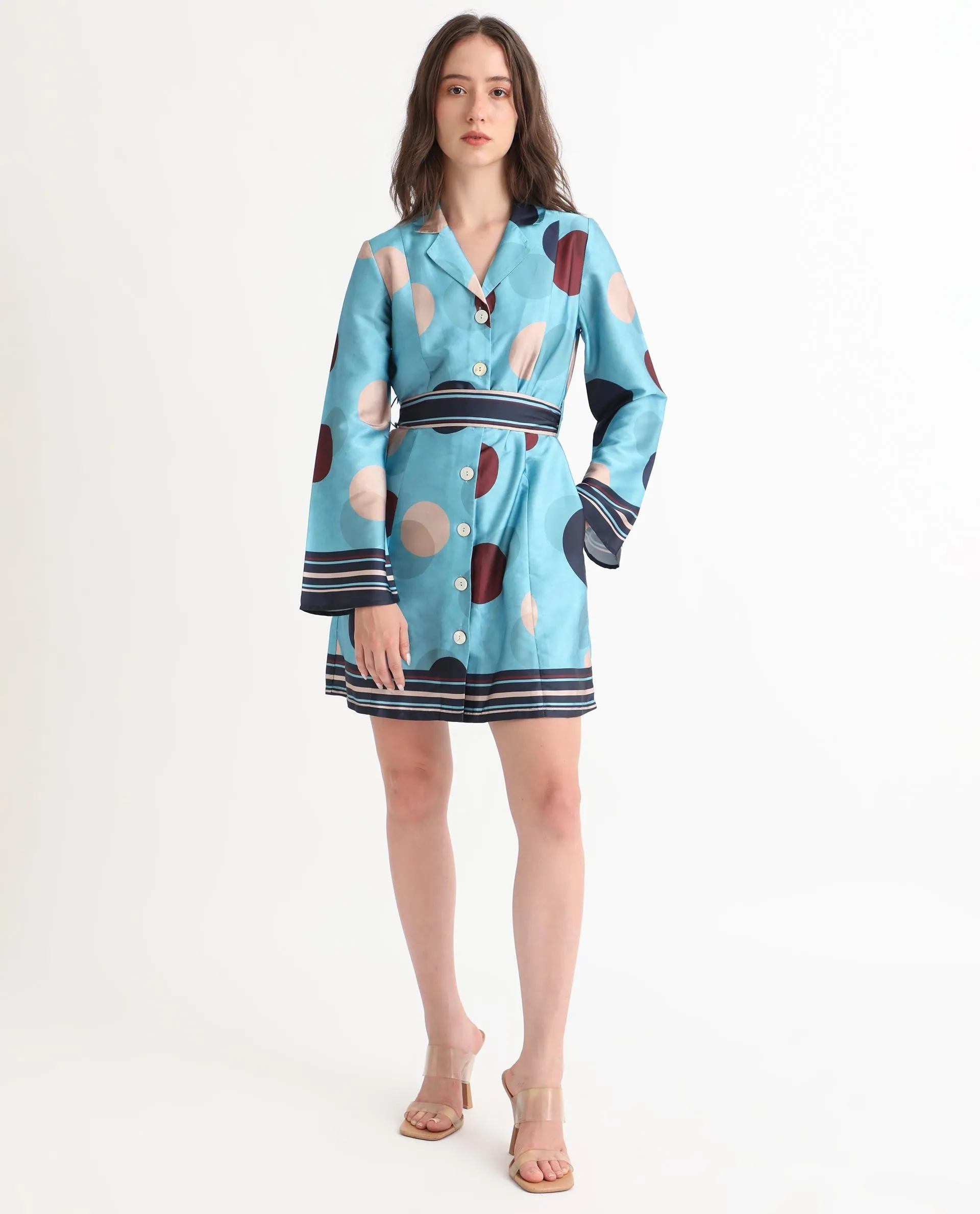 Rareism Women Buffe Dusky Blue Polyester Fabric Full Sleeves Button Closure Lapel Neck Bell Sleeve Regular Fit Polka Short A-Line Dress
