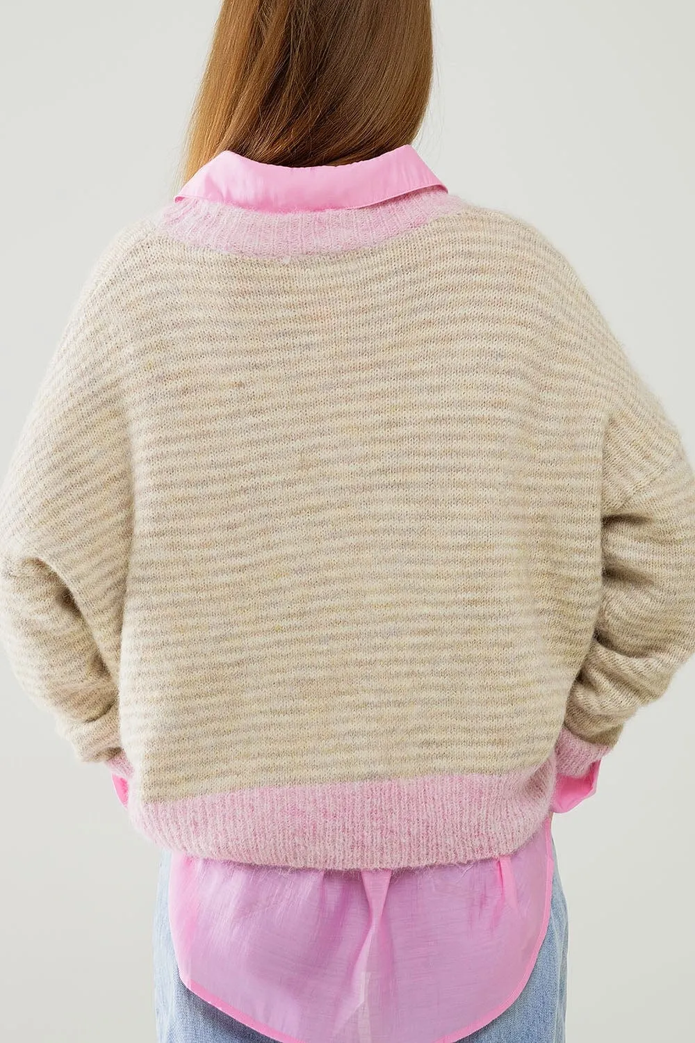 Relaxed Stripey Sweater In Beige With Pink Details