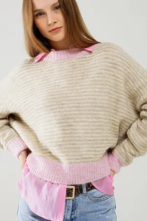 Relaxed Stripey Sweater In Beige With Pink Details