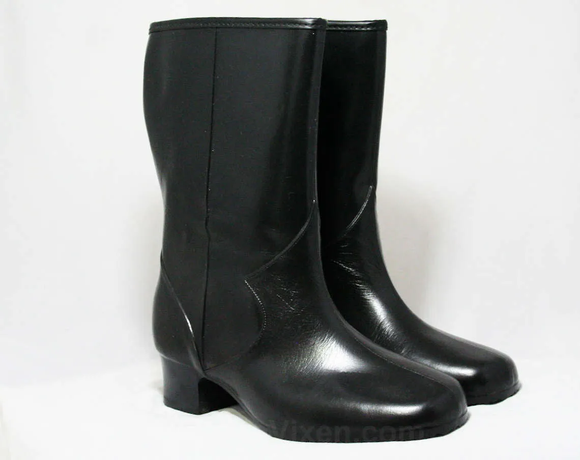 Size 6 WW Black Boots - Victorian Inspired - Authentic 50s Deadstock - Waterproof Vinyl Fleece Lined Winter - 50s Wide Width Ladies Shoe