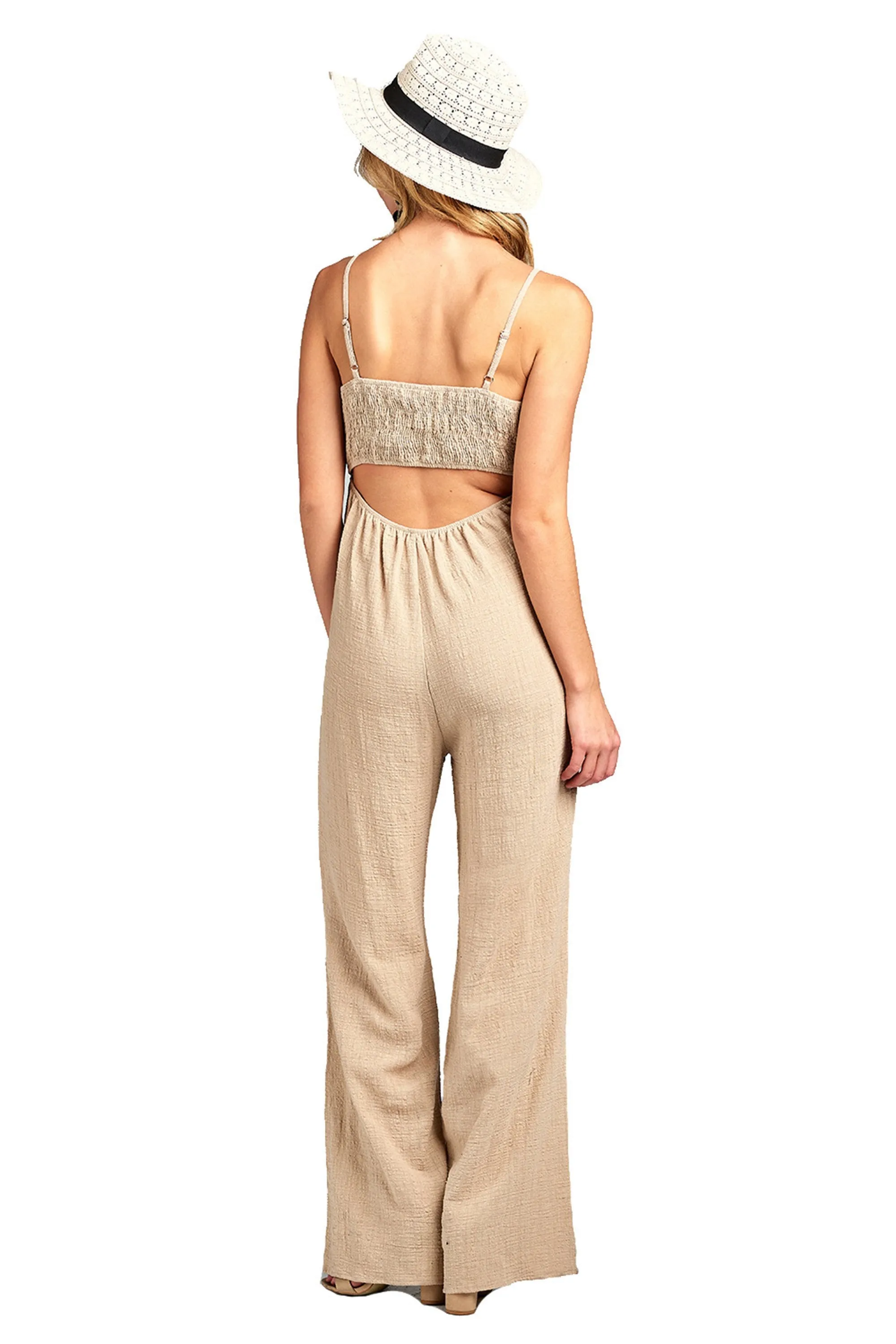 Sleeveless Cami Adjustable Straps Scoop Neckline Knotted Front Wide Leg Jumpsuit