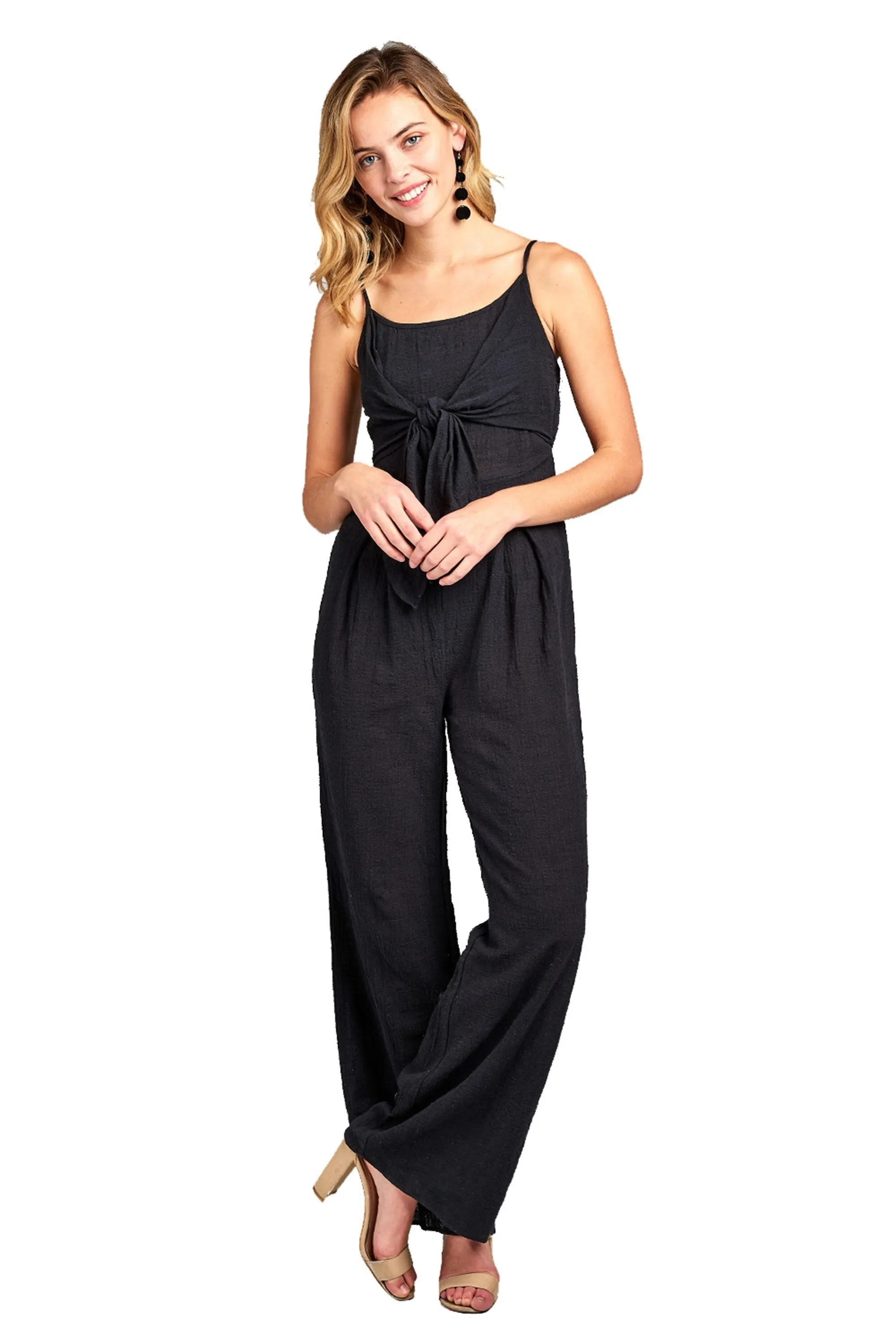 Sleeveless Cami Adjustable Straps Scoop Neckline Knotted Front Wide Leg Jumpsuit