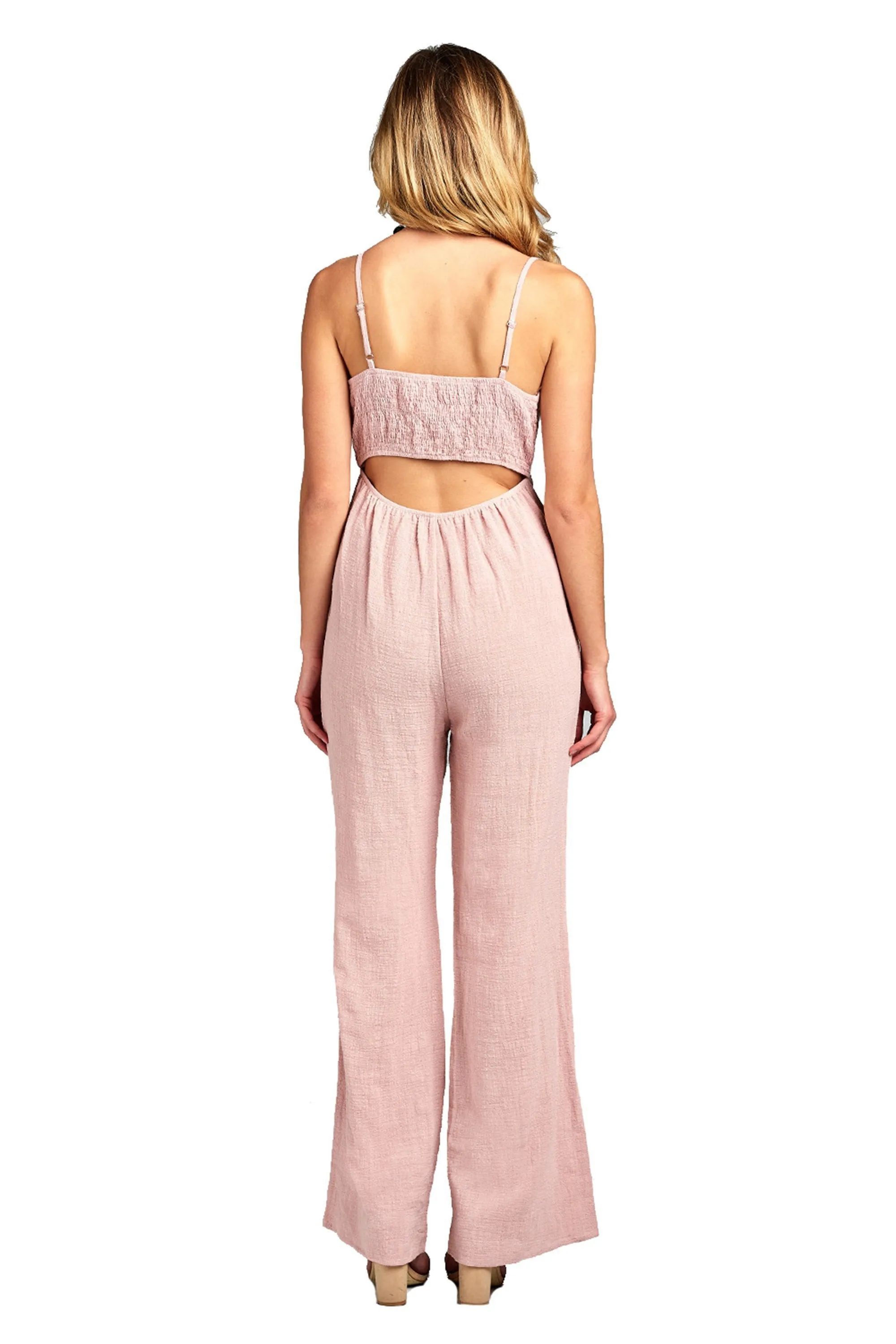 Sleeveless Cami Adjustable Straps Scoop Neckline Knotted Front Wide Leg Jumpsuit