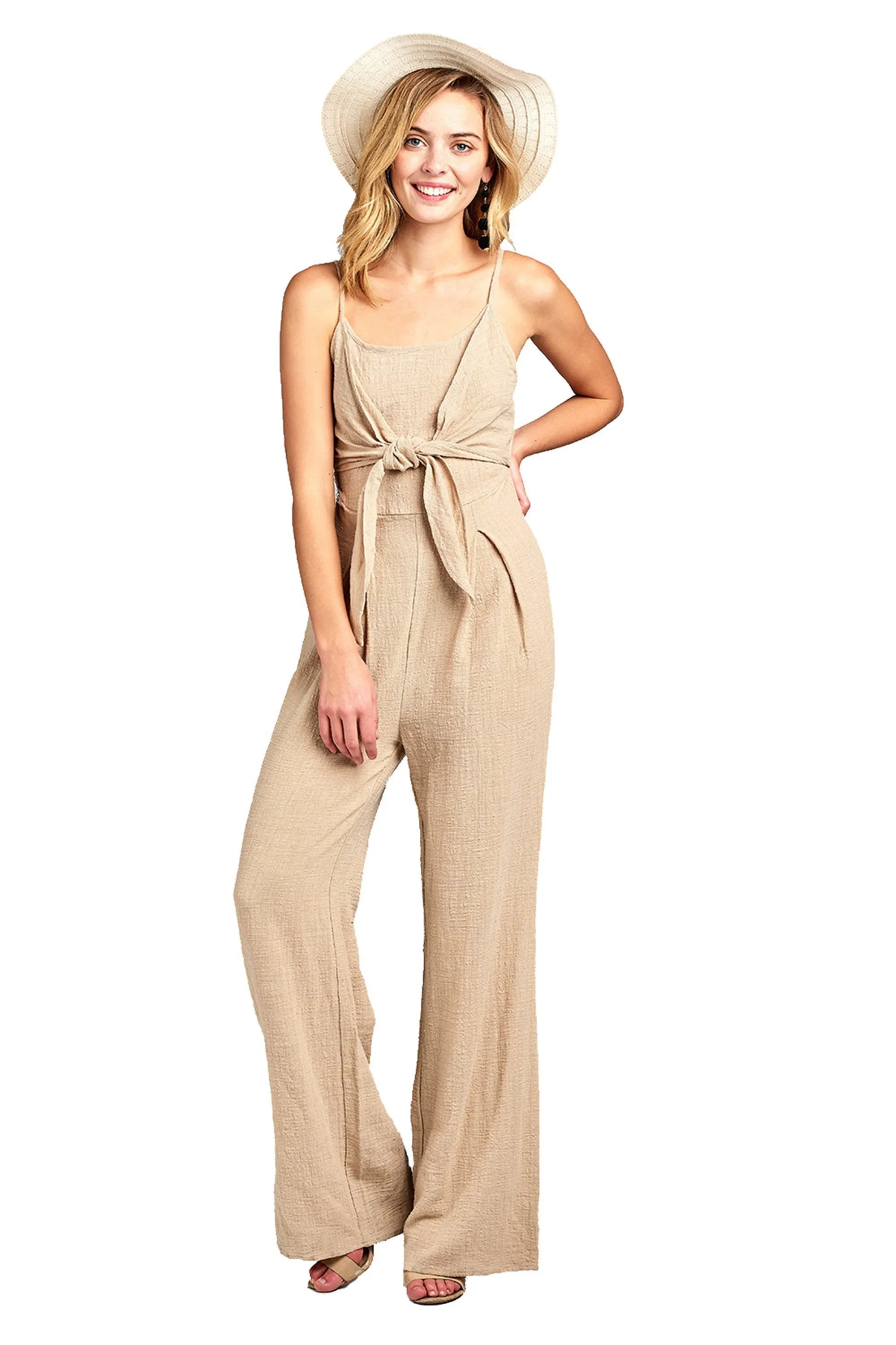 Sleeveless Cami Adjustable Straps Scoop Neckline Knotted Front Wide Leg Jumpsuit