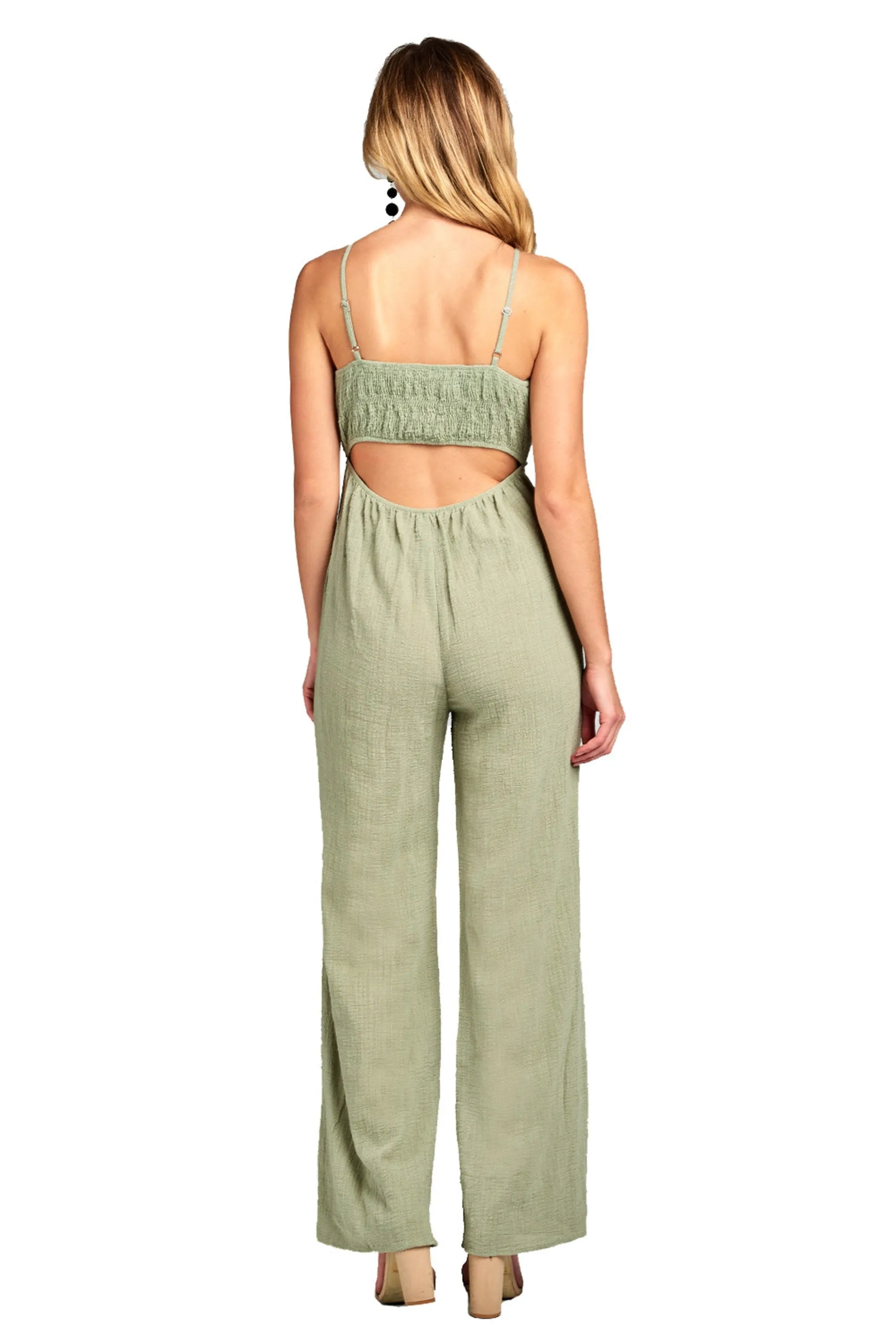 Sleeveless Cami Adjustable Straps Scoop Neckline Knotted Front Wide Leg Jumpsuit