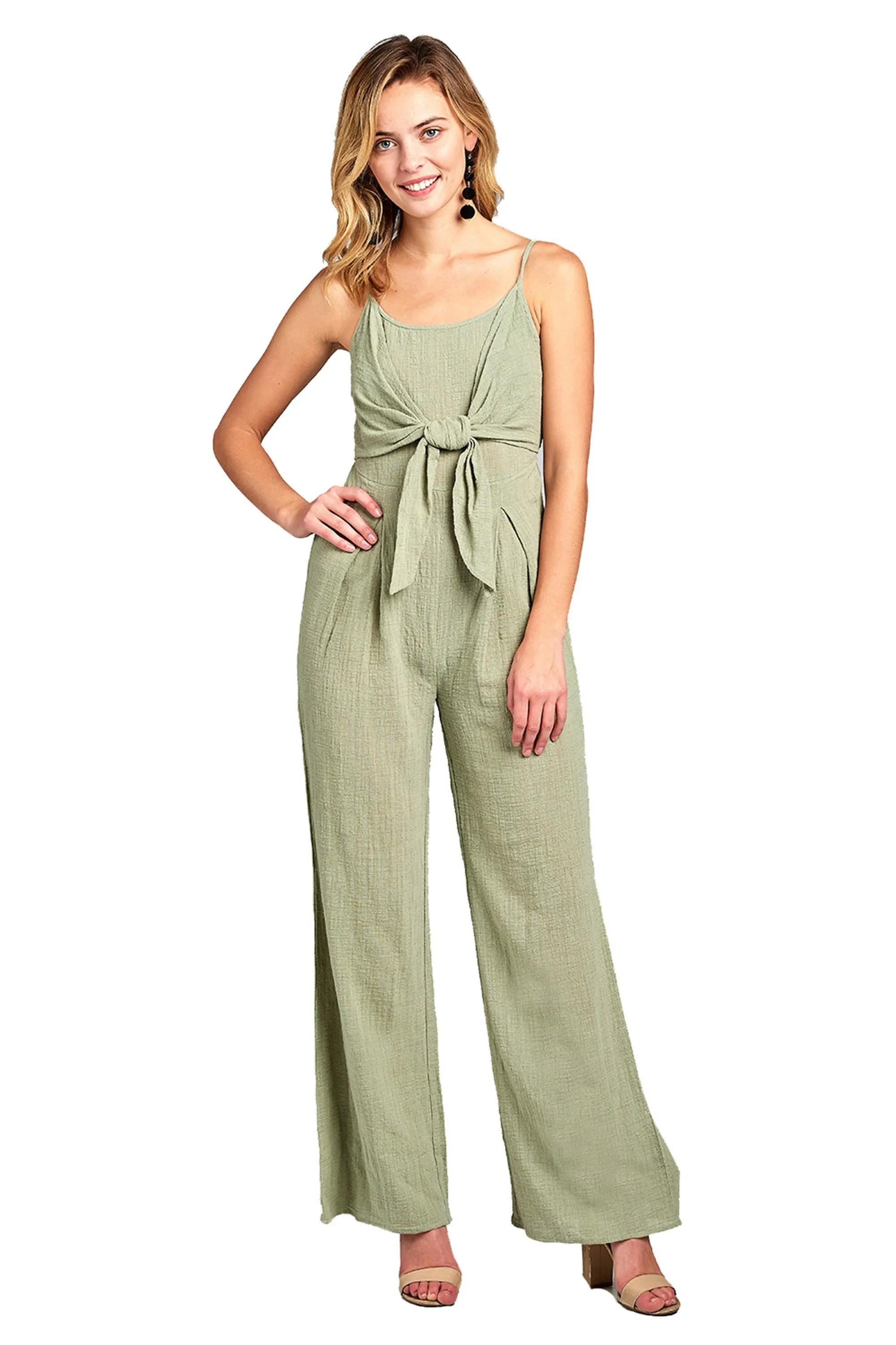 Sleeveless Cami Adjustable Straps Scoop Neckline Knotted Front Wide Leg Jumpsuit