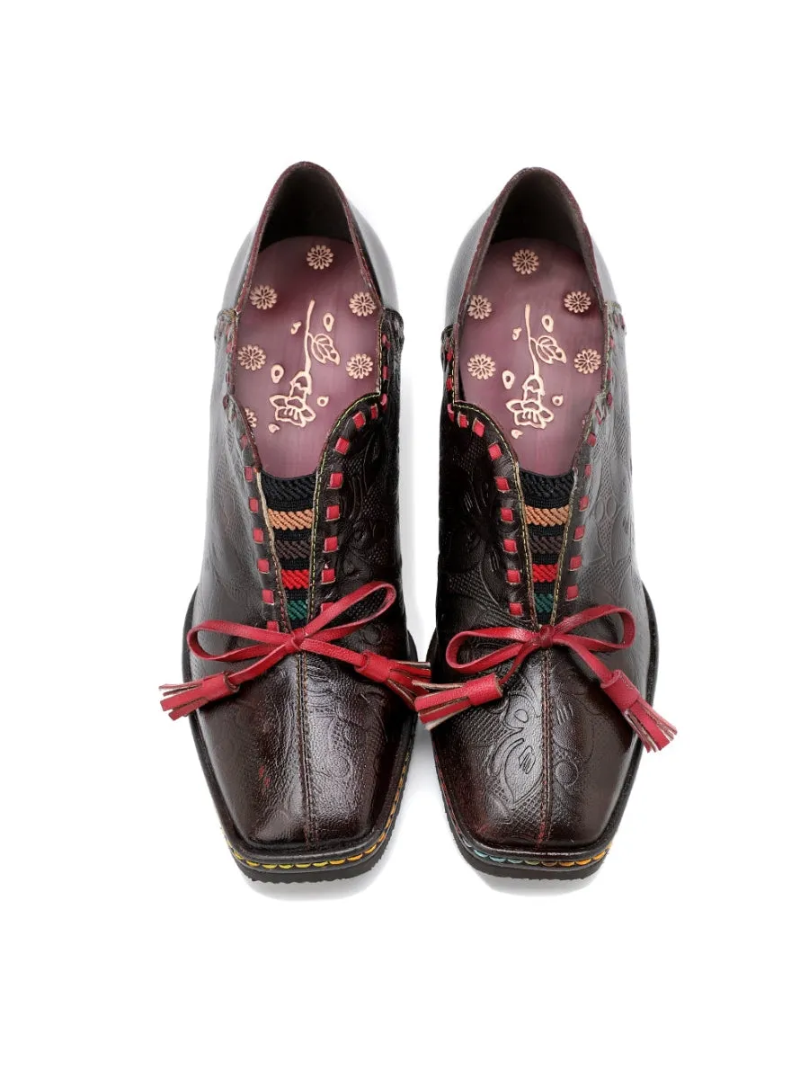 SOFFIA | Curve Ankle Floral Embossed Genuine Leather Loafers