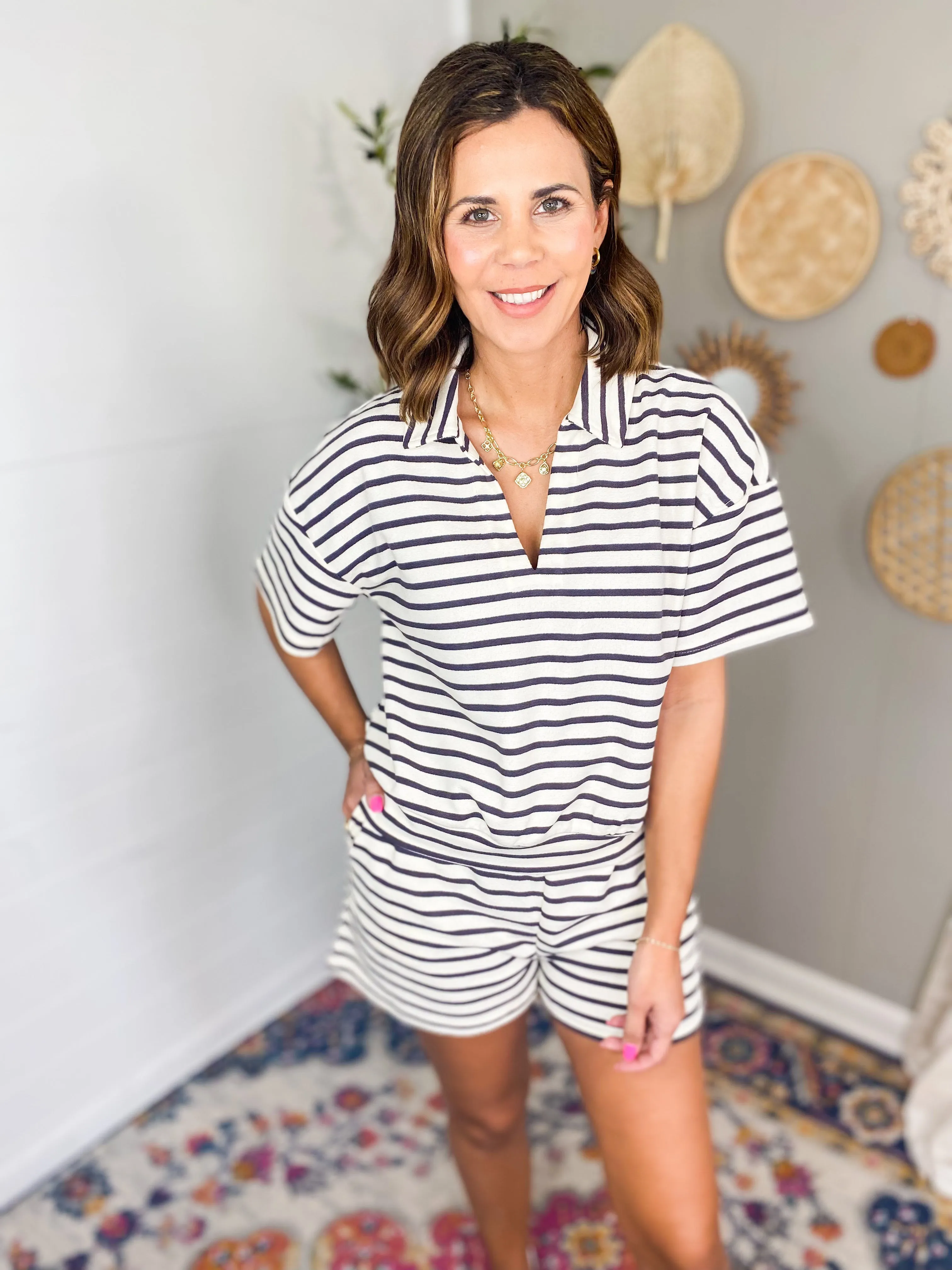 Striped V-Neck Collared Short Sleeve Shirt