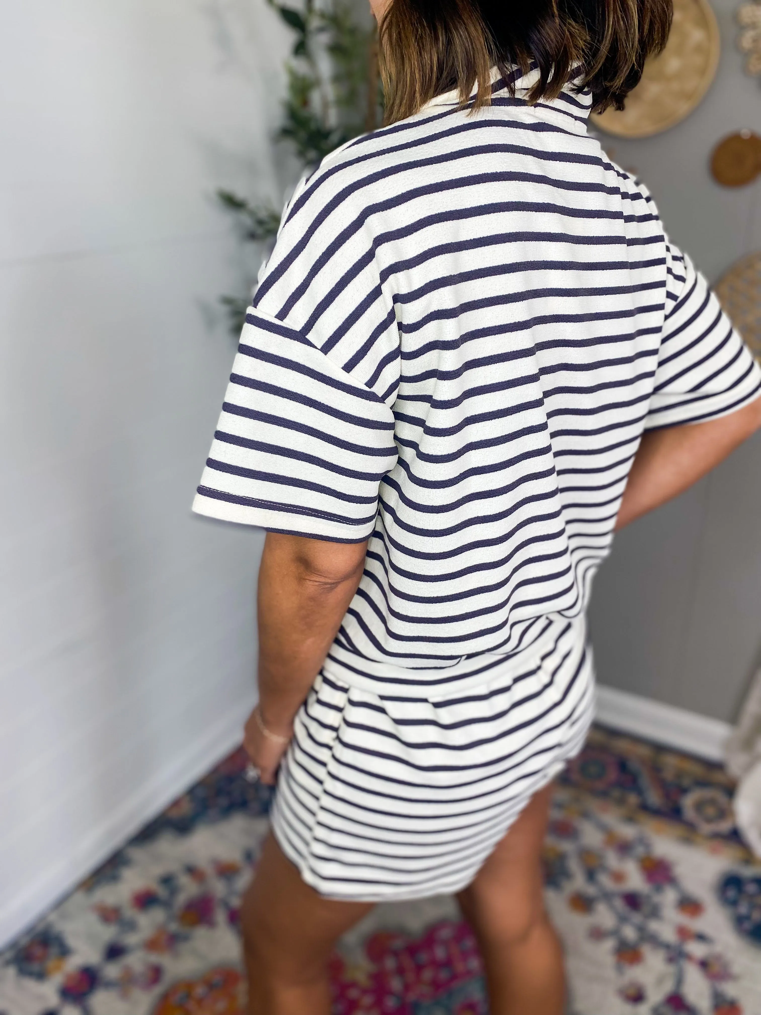 Striped V-Neck Collared Short Sleeve Shirt