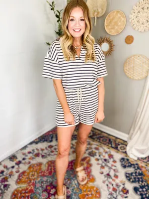 Striped V-Neck Collared Short Sleeve Shirt