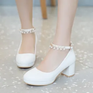 Sweet pearls ankle strap block heels pumps round toe chunky block heels loafers