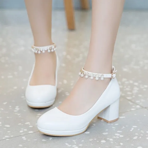 Sweet pearls ankle strap block heels pumps round toe chunky block heels loafers