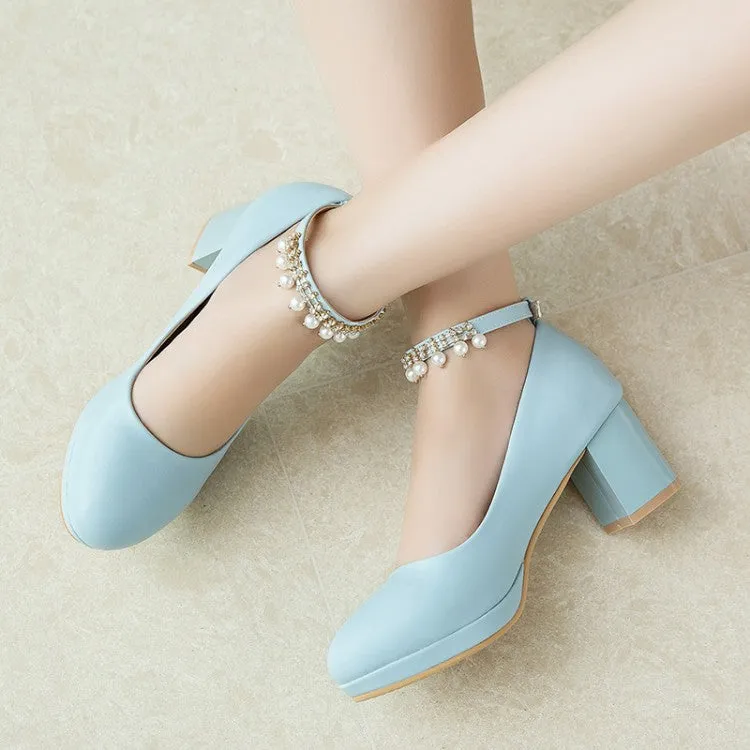 Sweet pearls ankle strap block heels pumps round toe chunky block heels loafers
