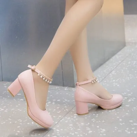Sweet pearls ankle strap block heels pumps round toe chunky block heels loafers