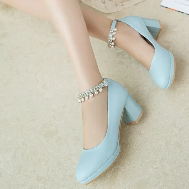Sweet pearls ankle strap block heels pumps round toe chunky block heels loafers