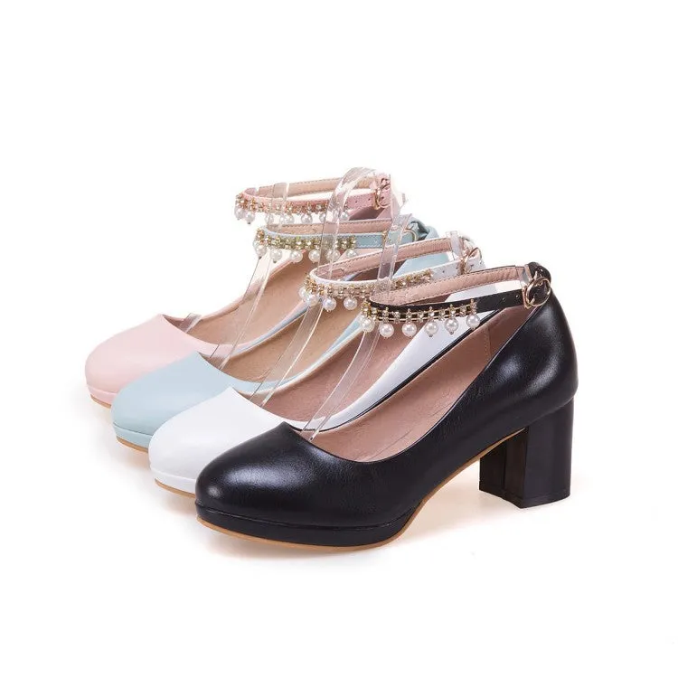 Sweet pearls ankle strap block heels pumps round toe chunky block heels loafers