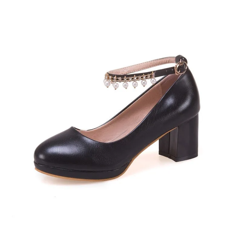 Sweet pearls ankle strap block heels pumps round toe chunky block heels loafers