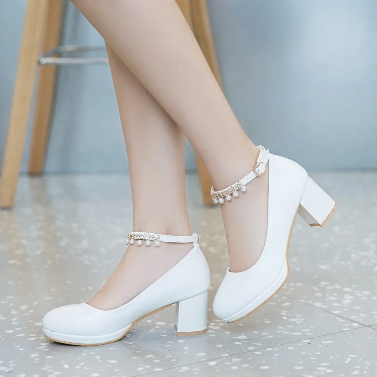 Sweet pearls ankle strap block heels pumps round toe chunky block heels loafers