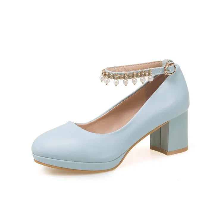 Sweet pearls ankle strap block heels pumps round toe chunky block heels loafers