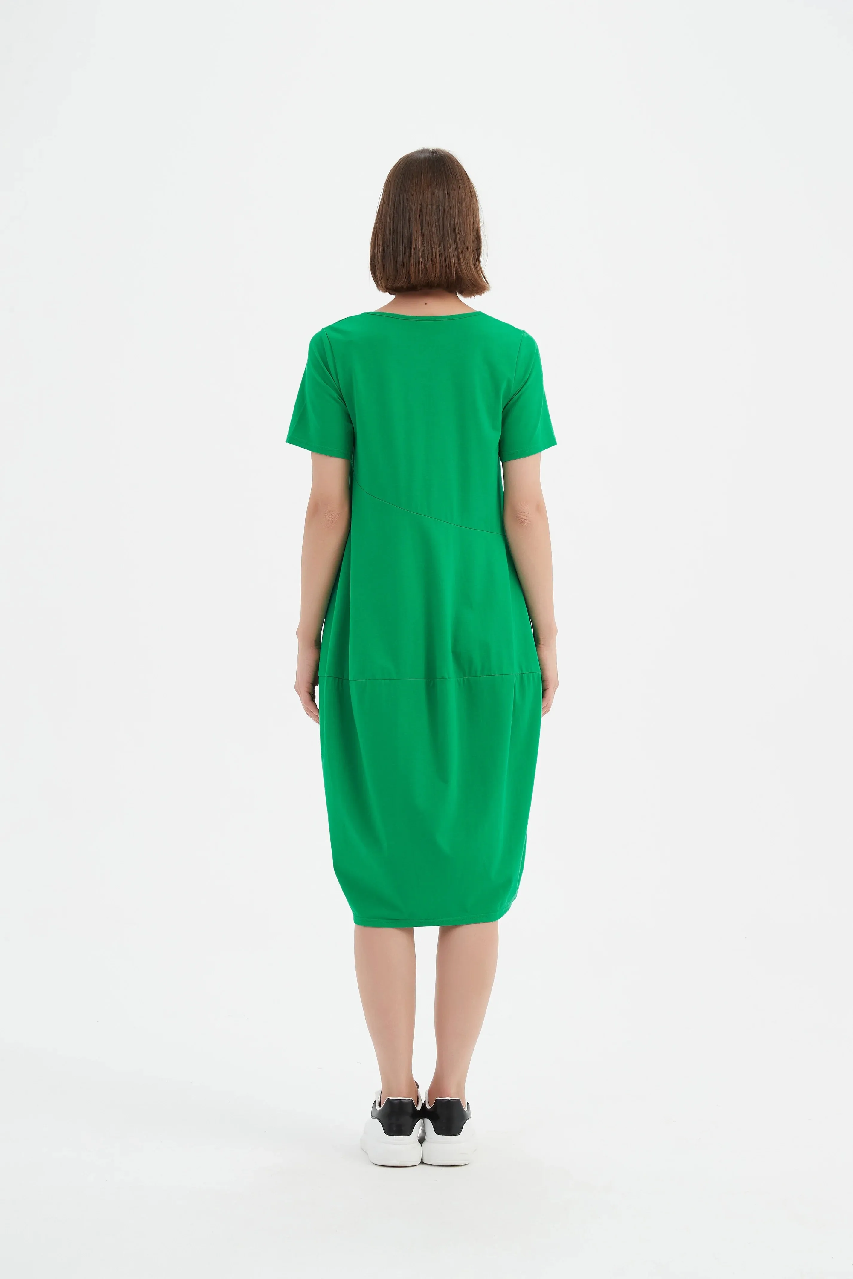 V-Neck Short Sleeve Diagonal Seam Dress