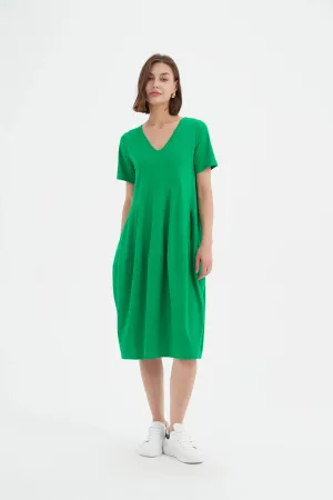 V-Neck Short Sleeve Diagonal Seam Dress