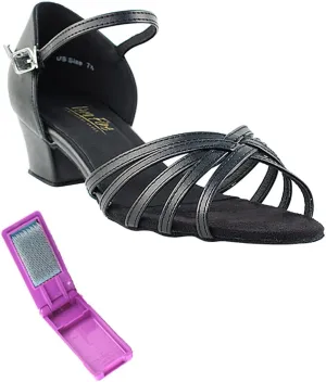 Very Fine Dance Shoes - Ladies Practice, Cuban Low Heel Ballroom Dance Shoes - 802-1.5-inch Heel and Foldable Brush Bundle - Black Leather - 7