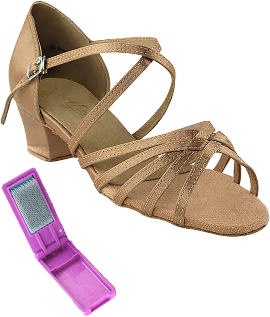 Very Fine Dance Shoes - Ladies Practice, Cuban Low Heel, Waltz Ballroom Dance Shoes - 1670C - 1.5-inch Heel and Foldable Brush Bundle - Brown Satin - 7.5